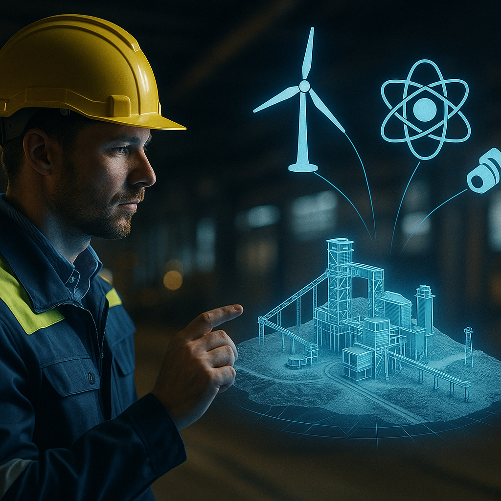 Mineração Crítica – Técnico analisa holograma de planta mineral.